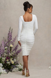 White Maternity Square Neck Ruched Midi Dress
